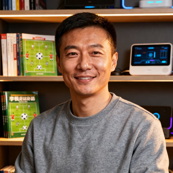 足球资料库CTO李锐半身照，35岁男性，短发，穿着灰色卫衣，技术背景